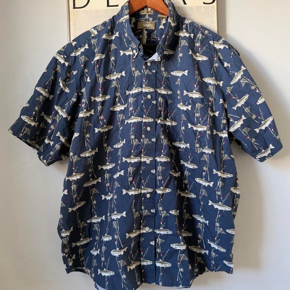 Natural Issue Blue Trout Fly Fishing Print Cotton Button Down Camp Shirt Mens XL
